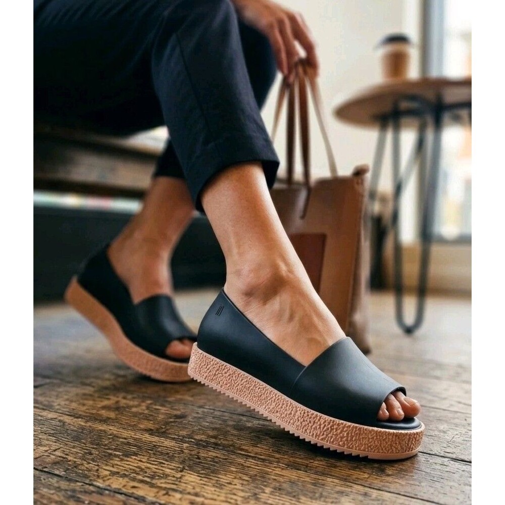 ​Melissa Black Pink Platform Sandals Peep Toe Flat Mules Shoes Womens Sz7.5‎